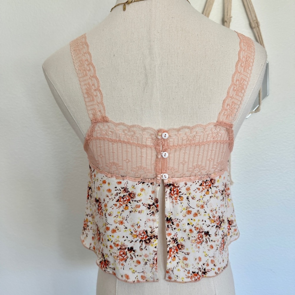 🍑 FREE PEOPLE Peach Floral Lace Sleep Lounge Reversible Cami Tank Top - Picture 10 of 16